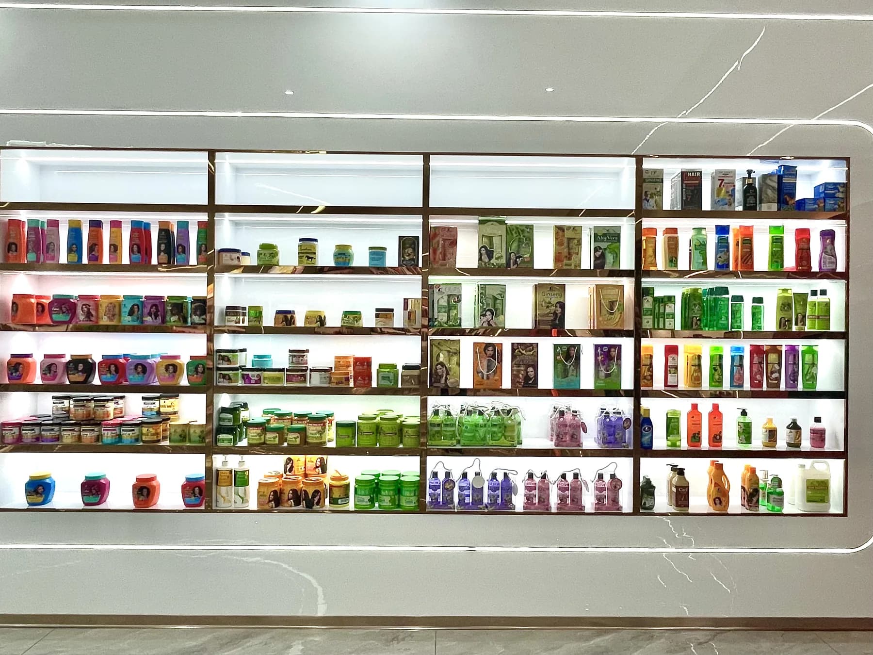 Wide cosmetic product portfolio display in the King Metis showroom
